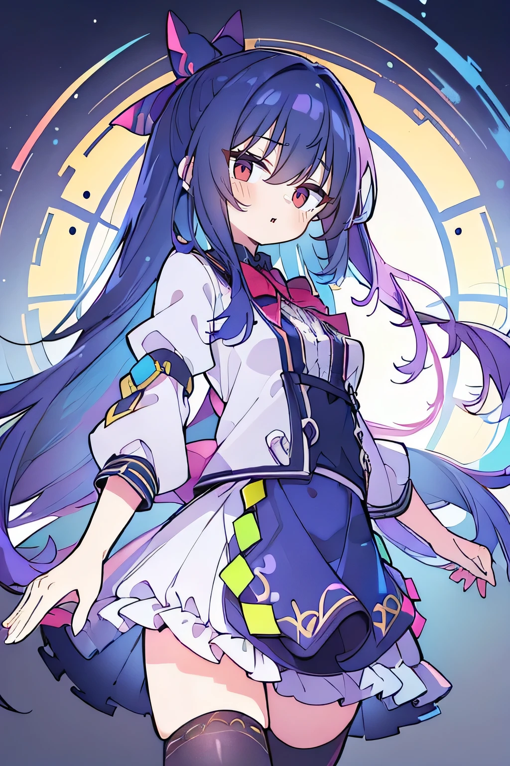 (best quality:1.3), (masterpiece:1.3), (illustration:1.3), (ultra-detailed:1.3), (imid shot:0.9), 1girl, medium breasts, purple eyes, (((dark blue hair))), hair ornaments, young, outfit-gladiia, long hair, dark blue hair, indoors, black shorts, thigh-highs, low ponytail, expressionless, upper body, close up, coat, skirt,