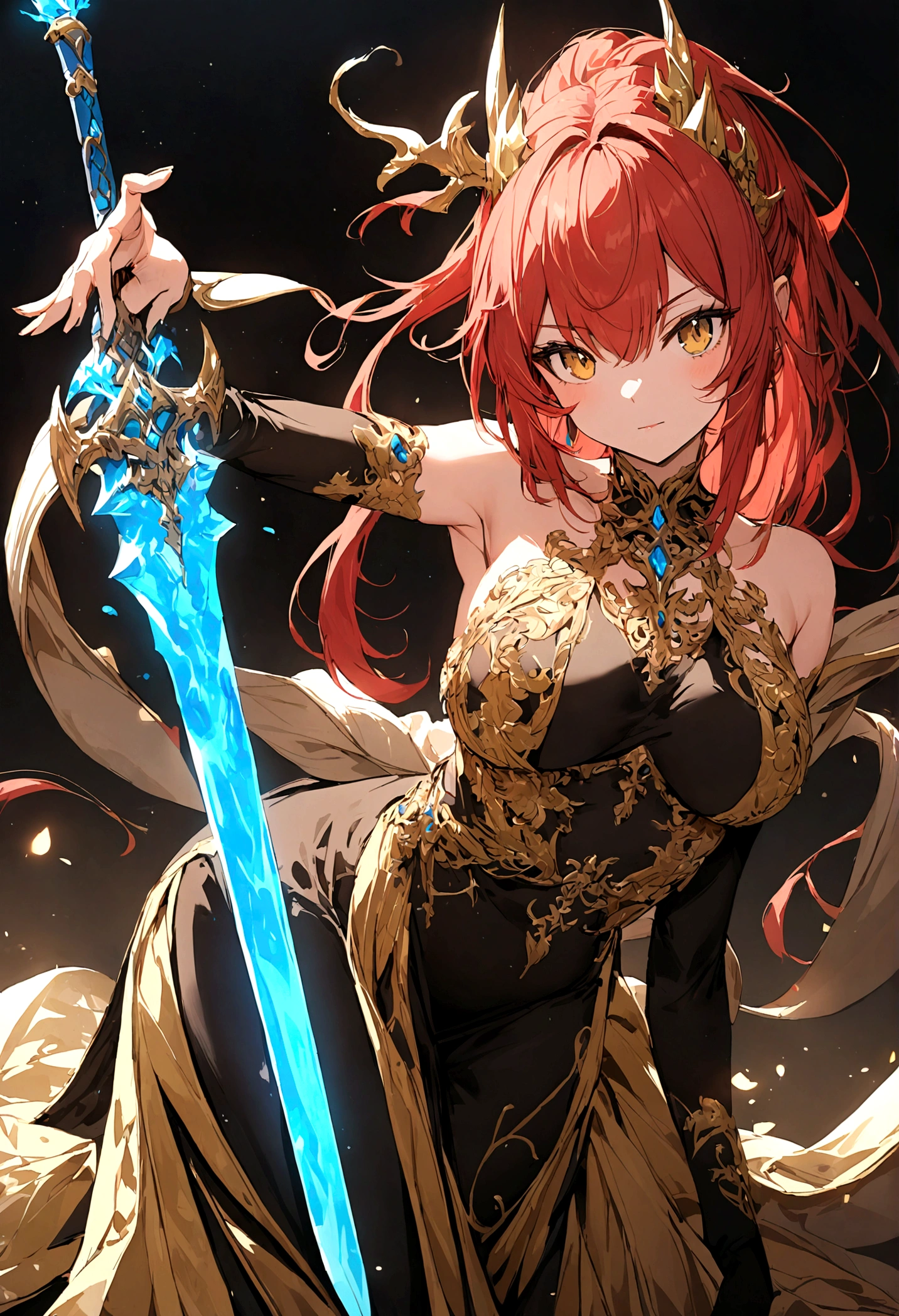 beautiful, red head, Dragon girl, black and gold dress, blue flaming sword, pose