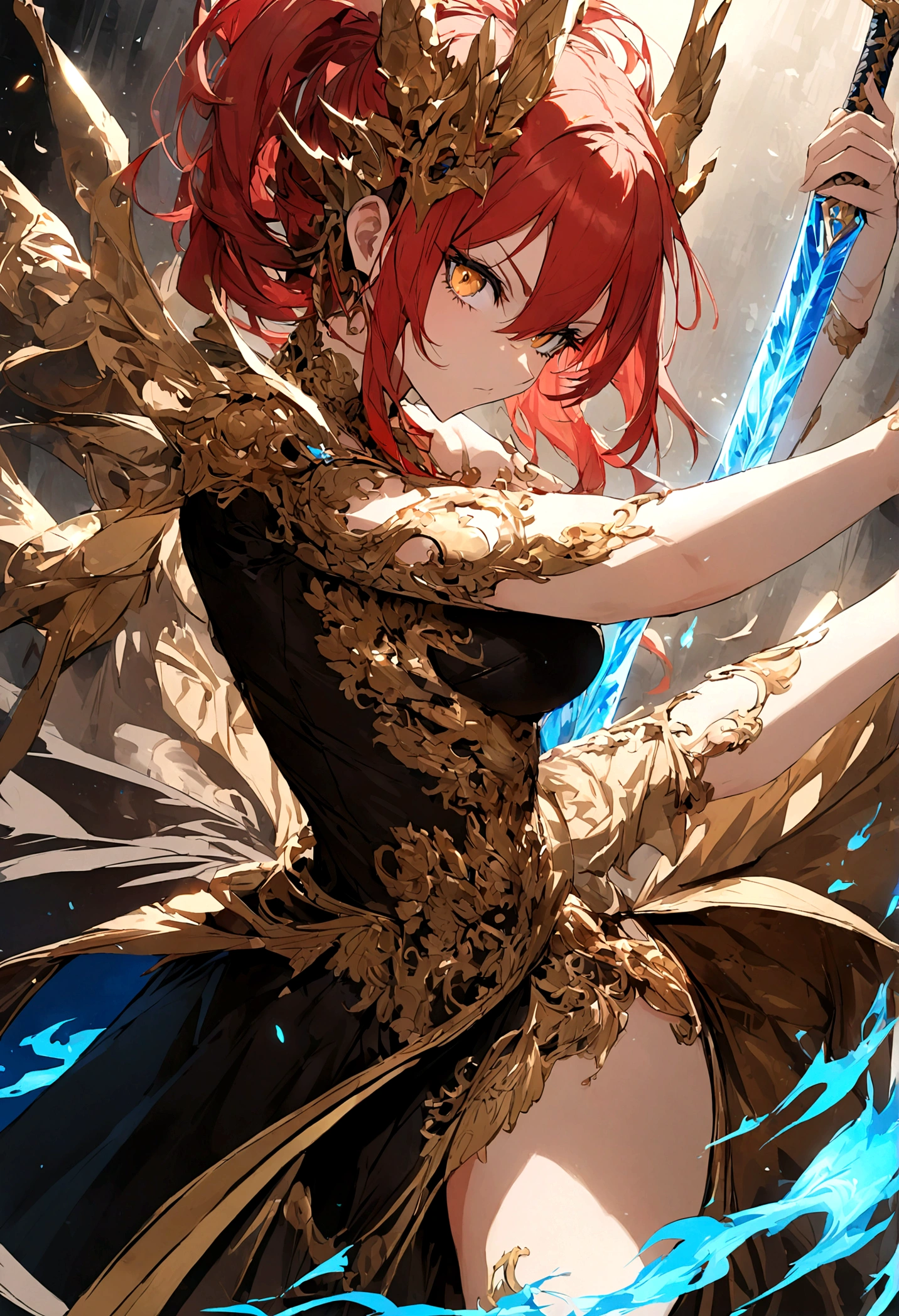 beautiful, red head, Dragon girl, black and gold dress, blue flaming sword, pose