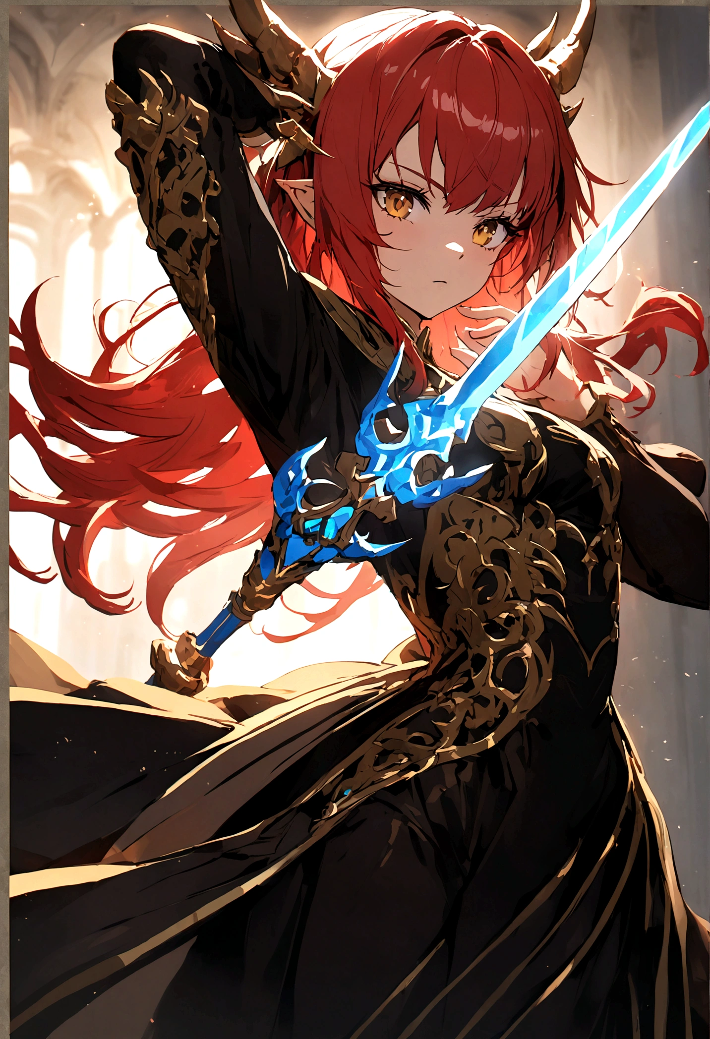 beautiful, red head, Dragon girl, black and gold dress, blue flaming sword, pose