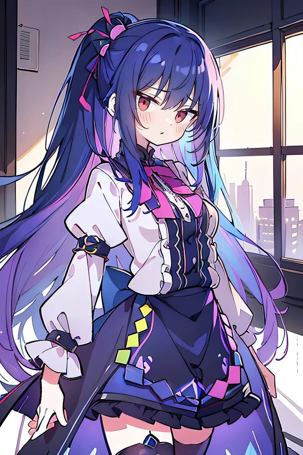 (best quality:1.3), (masterpiece:1.3), (illustration:1.3), (ultra-detailed:1.3), (imid shot:0.9), 1girl, medium breasts, purple eyes, (((dark blue hair))), hair ornaments, young, outfit-gladiia, long hair, dark blue hair, indoors, black shorts, thigh-highs, low ponytail, expressionless, upper body, close up, coat, skirt,
