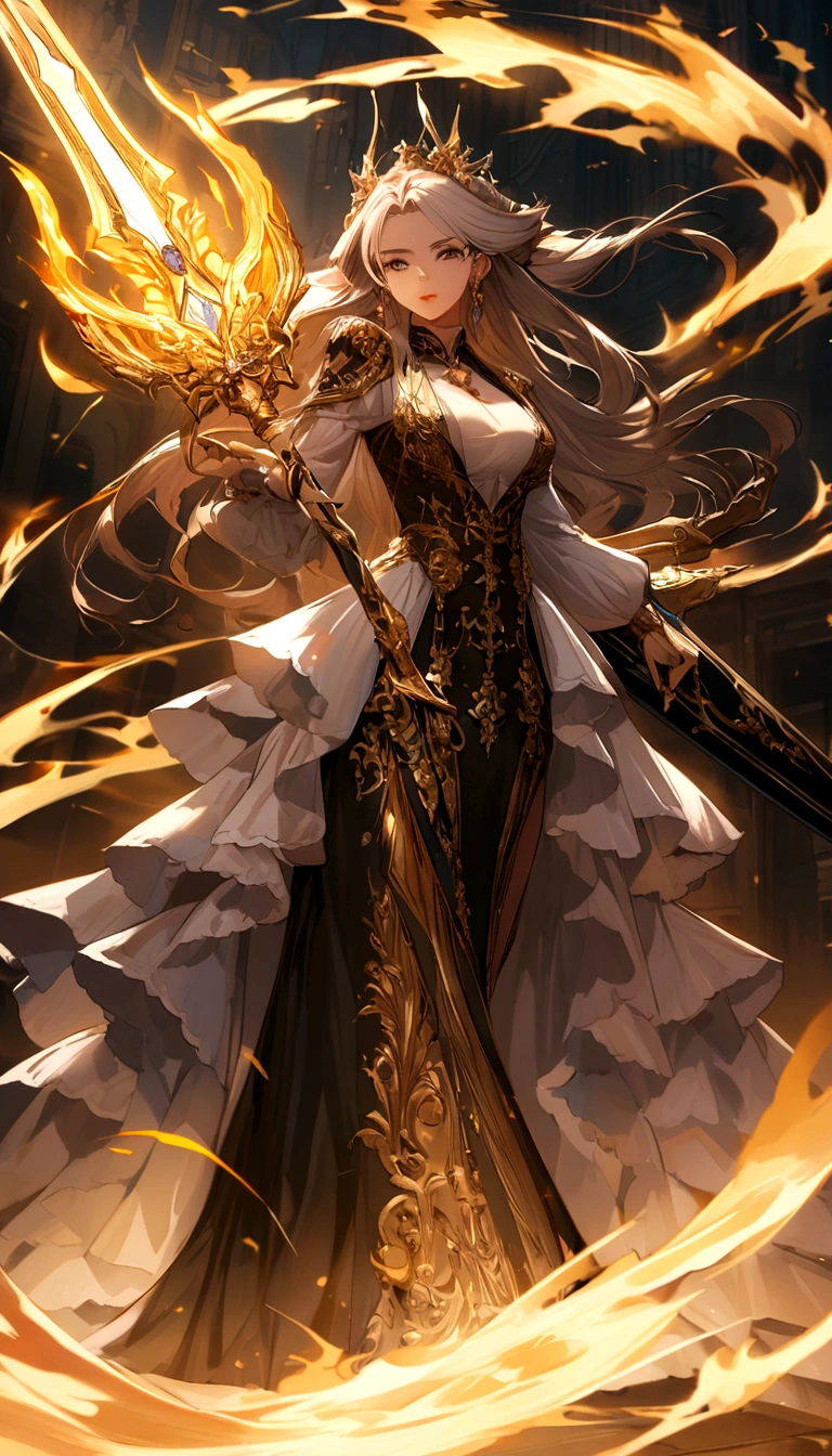 um grande, legendary sword with fire details