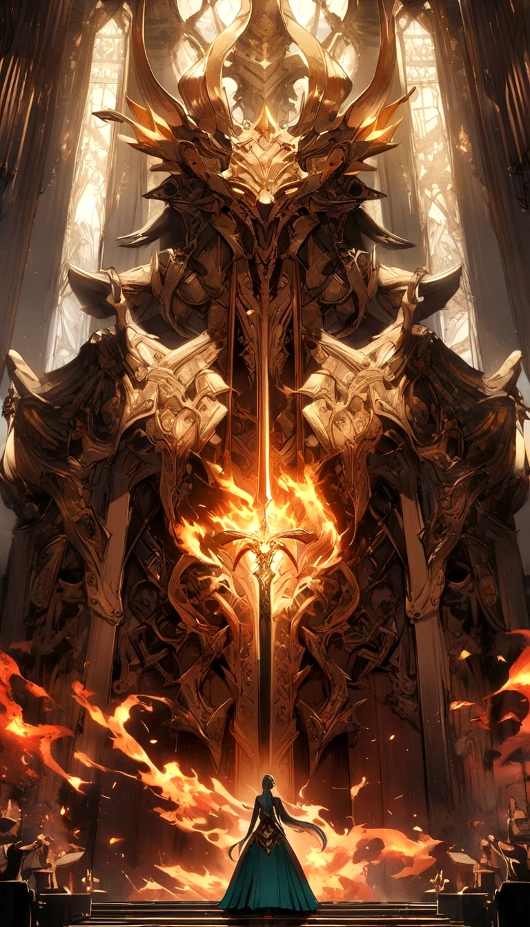 um grande, legendary sword with fire details