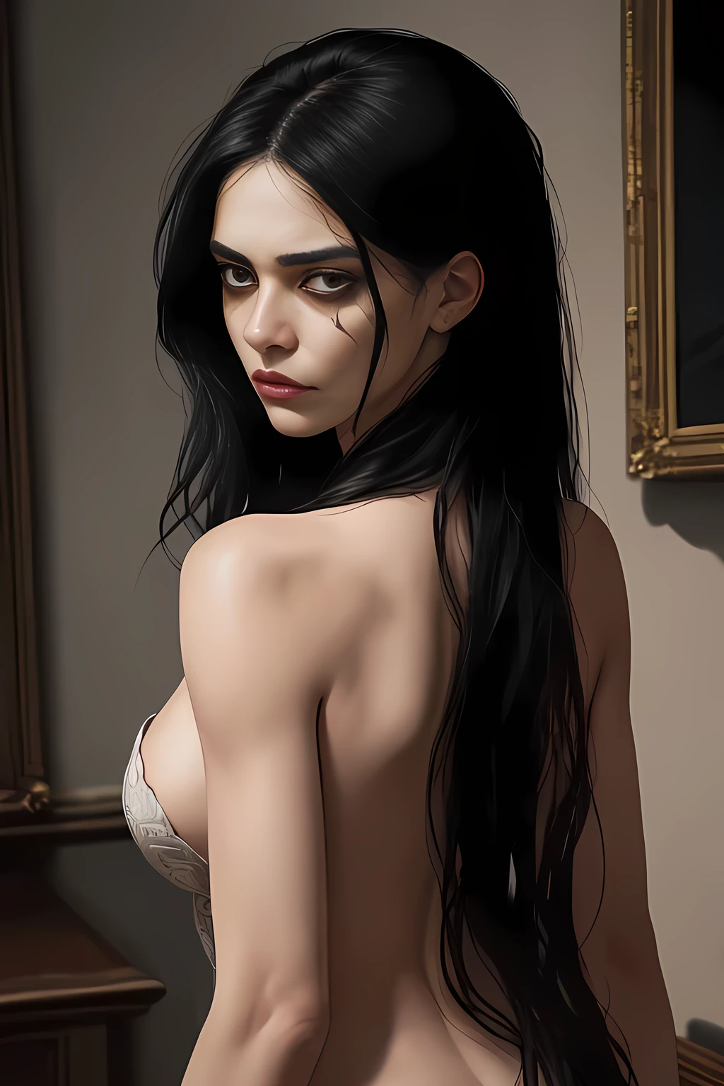 A captivating girl, of advanced age, stands alone in the dimly lit room. Her face, a masterpiece of beauty and distress, is framed by long, raven-black hair that cascades down her back. Her eyes, large and beautiful, are filled with a deep, disturbing intensity, their detailed and intricate lines visible even in the dark moody lighting. Long eyelashes frame them, casting slight shadows on her strongly defined cheekbones. Her lips, full and detailed, are pressed into a scowling expression, further emphasizing her displeasure. The ultra-detailed image is a testament to the photographer's skill, showcasing every subtle line, wrinkle,