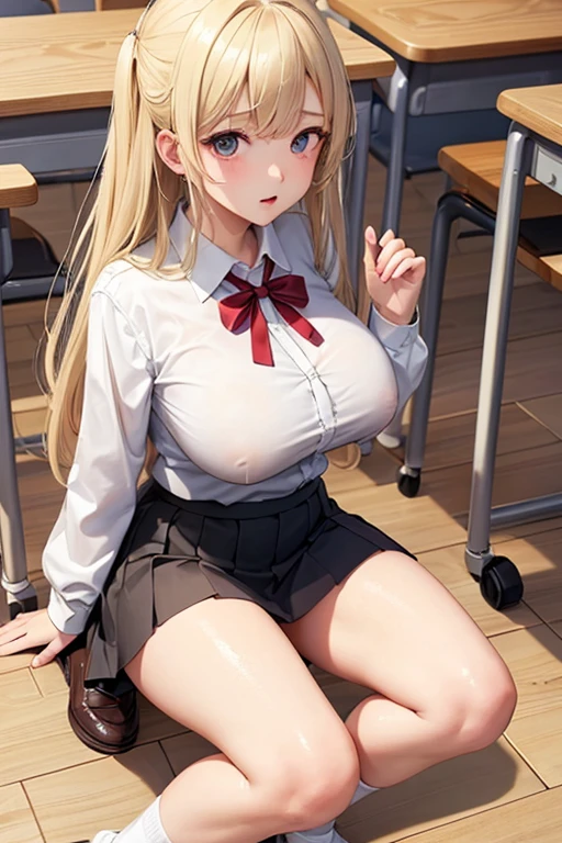 Big Tits、Very large breasts、Hem knot、White blouse、Brown Skin、Blonde、Ash Blonde、Pleated mini skirt、loose socks、Crouch、Panty shot、classroom、Hold your knees