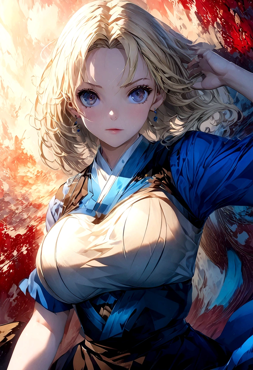 anime girl with blonde hair and blue dress posing in front of a red background, detailed digital anime art, anime style 4 k, digital anime art, beautiful anime artwork, 4 k manga wallpaper, advanced digital anime art, digital anime illustration, detailed anime artwork, anime digital art, anime style artwork, anime styled digital art, anime artwork, tsunade, 