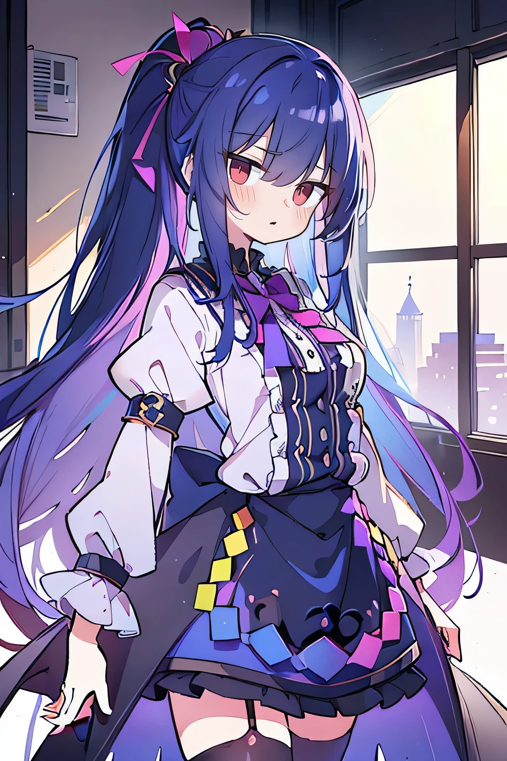 (best quality:1.3), (masterpiece:1.3), (illustration:1.3), (ultra-detailed:1.3), (imid shot:0.9), 1girl, medium breasts, purple eyes, (((dark blue hair))), hair ornaments, young, outfit-gladiia, long hair, dark blue hair, indoors, black shorts, thigh-highs, low ponytail, expressionless, upper body, close up, coat, skirt,
