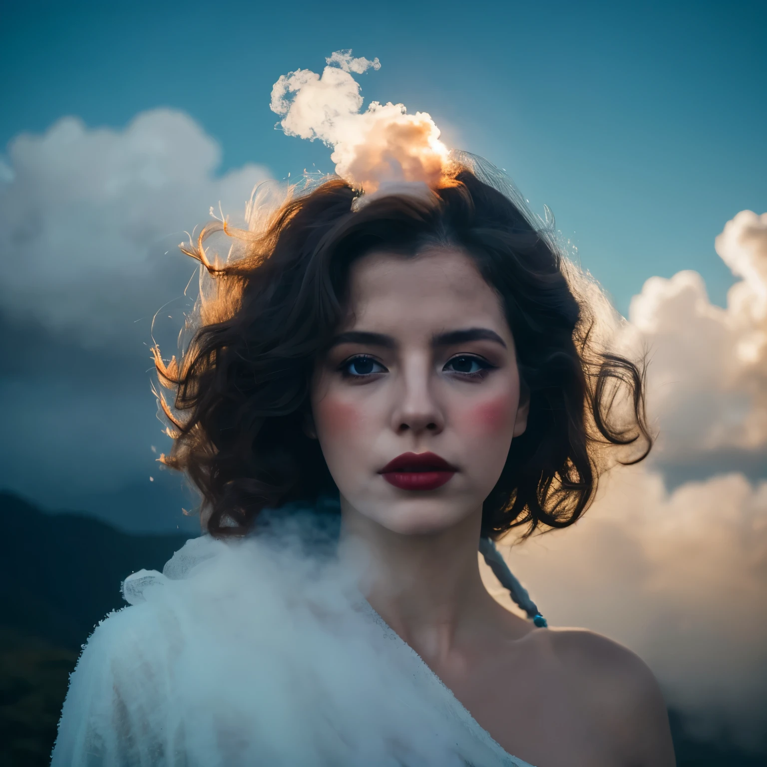 there is a woman with a flower in her hair and a cloud in her face, monia merlo, in clouds of smoke, inspired by Elsa Bleda, by irakli nadar, beautiful surreal portrait, inspired by Oleg Oprisco, girl clouds, floating in smoke, cloud goddess, inspired by irakli nadar, surreal portrait photography, atmospheric portrait