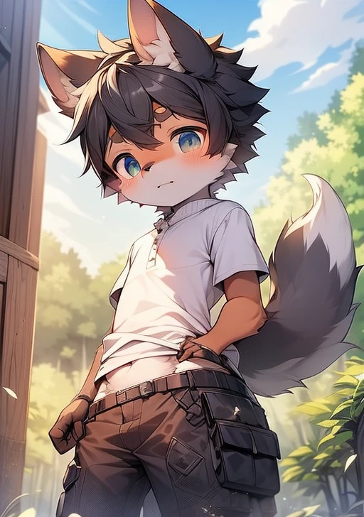 horny boy,Furry wolf,((Shota)), black and hair, Good figure, Handsome,Lovely, Light:極端的Light與影, 反Light皮,blushed skin,((Worn clothes,Commoner)) ,((Deep in the forest,Stone road,symptoms,solo,The only person)),Outdoor sunset,((detail)),(Depth of Field),stand up,s face