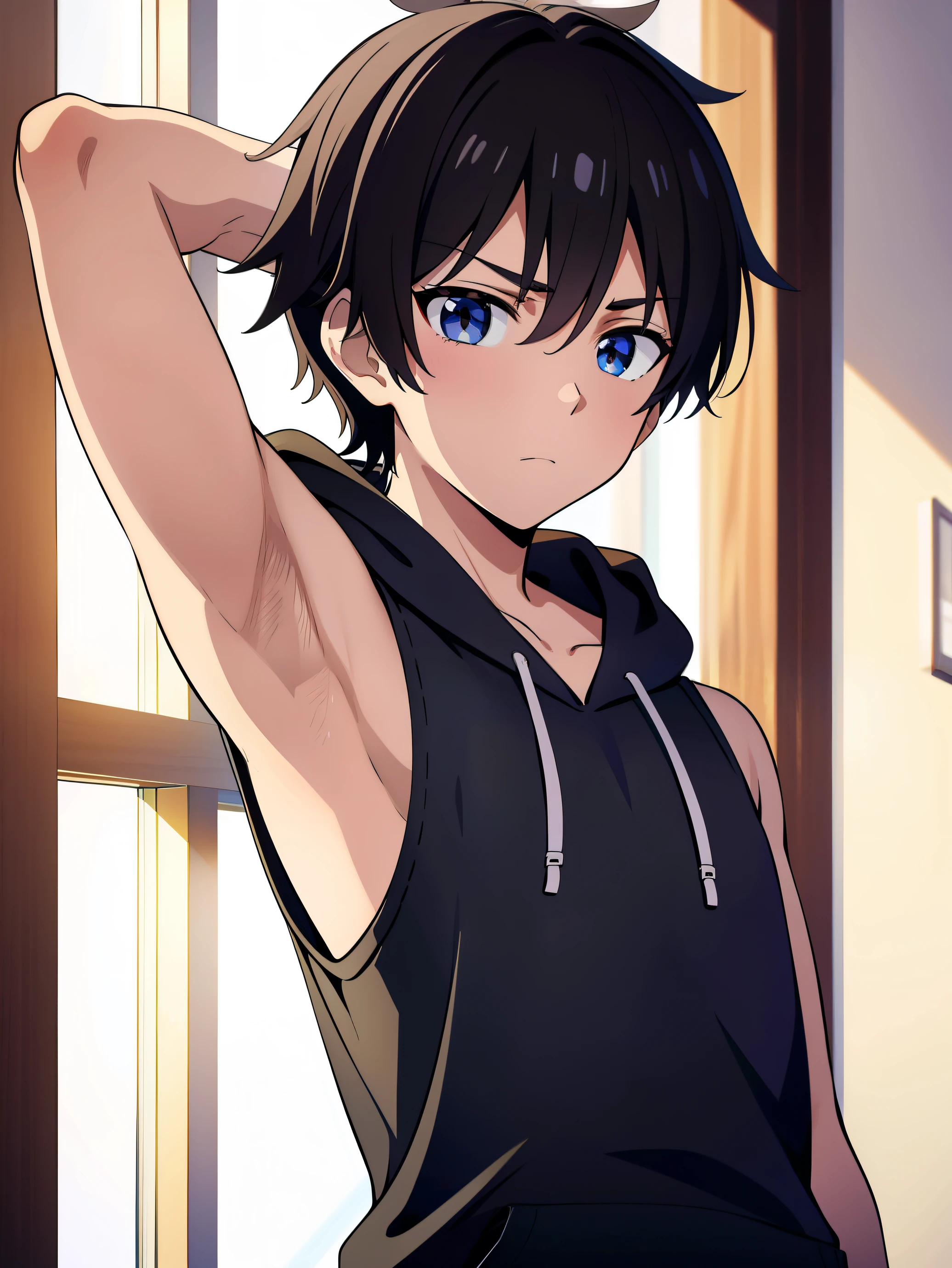 Highres, Masterpiece, Best quality at best,Best Quality,hight quality, hight detailed, 8KCG wallpapers, 1boy, Boy, Shota, shiny skin, Sleeveless hoodie, Upper body, (Showing armpit:1.3), (very young boy), (very small and short body), 12-year-old boys, collarbone, seductive poses, Seen from front, uhd