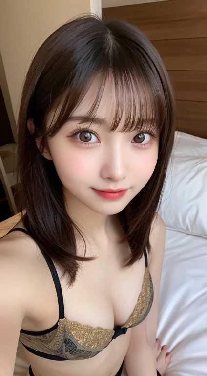 Tabletop, highest quality, shape, Very detailed, finely, High resolution, 8k wallpaper, 完璧なダイナミックな構shape, Beautiful and exquisite, Medium Hair, Small breasts, Natural color lip, Random sexy poses,smile,20-year-old girl、Midnight、Beautiful and elaborate face、Perfect and beautiful face,Big eyes、RAW Photos、A sexy pose using the whole body、Beautiful and exquisite、Small face、Beautiful Duplex、Slim face and figure,Swimwear、Beautiful golden ratio face,On the bed、(Revealing underwear)