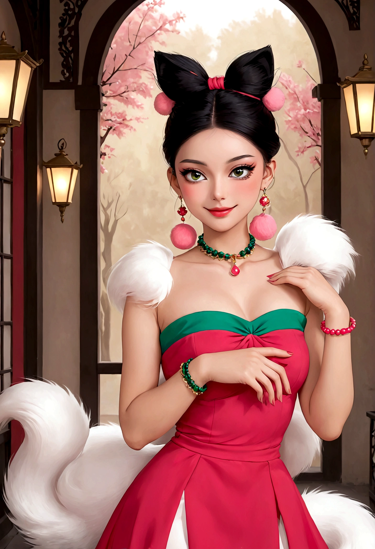 Noble and elegant girl,Beautiful face,beautiful eyes,Pink Eyeshadow,blush,Smile,(((1 big, fluffy tail))),Black high bun,Pink pompom earrings,Sexy red tube top dress,Collar,Green Bracelet