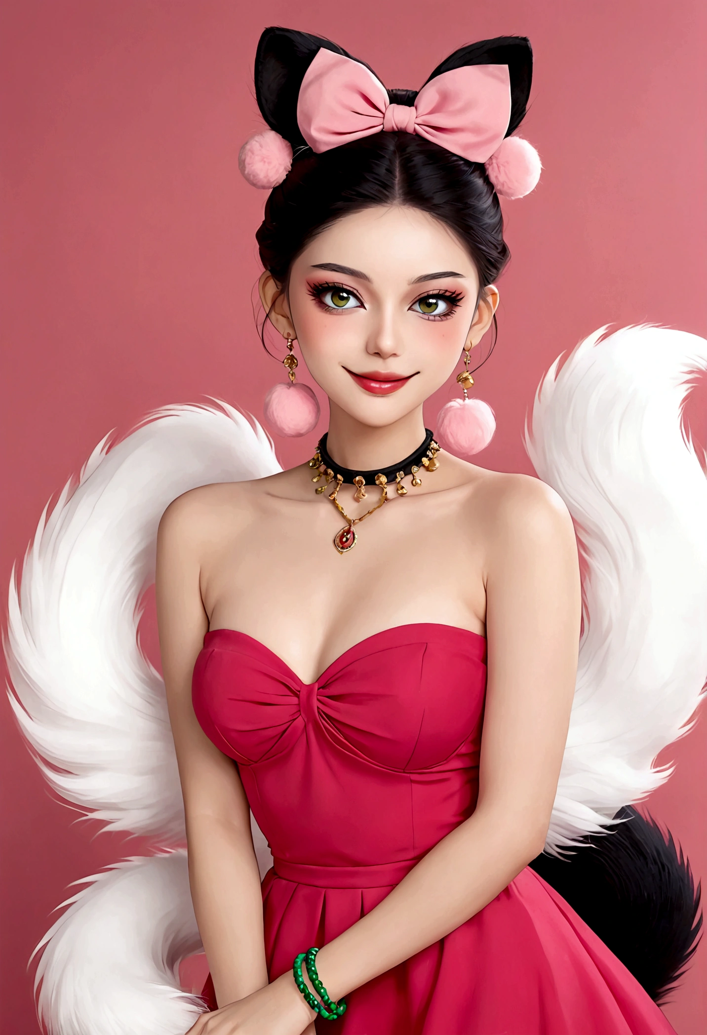 Noble and elegant girl，Beautiful face，beautiful eyes，Pink Eyeshadow，blush，Smile，(((1 big, fluffy tail)))，Black high bun，Pink pompom earrings，Sexy red tube top dress，Collar，Green Bracelet