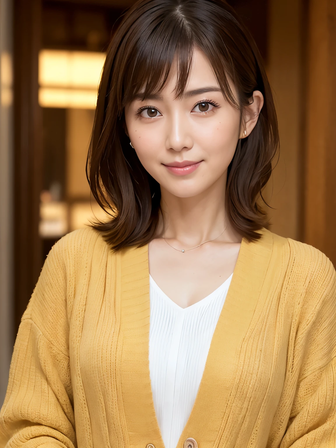 8k, highest quality, masterpiece, Realistic, Photorealistic, Ultra-detailed, Natural light, 非常にDetailed faceと肌, Detailed eyes, 非常にDetailed faceと肌の中間ショット, Beautiful woman looking at the camera, Sexy pose, Beautiful Face, Realistic Face, Detailed face, Beautiful Hairstyles, Realistic eyes, Fine grain, Realistic Skin, Detailed skin, Beautiful Skin, Charm, 超Realistic, Sexy yellow cardigan, kind, Brown Hair, Cute Japanese Girl, whole body