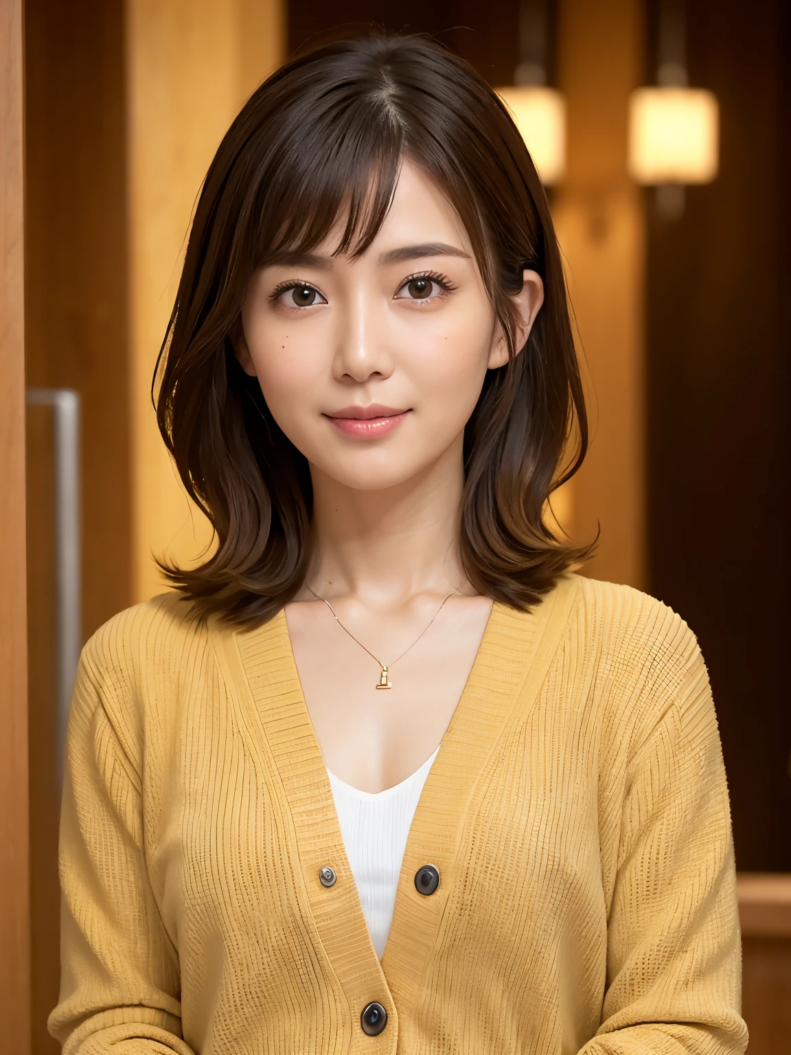 8k, highest quality, masterpiece, Realistic, Photorealistic, Ultra-detailed, Natural light, 非常にDetailed faceと肌, Detailed eyes, 非常にDetailed faceと肌の中間ショット, Beautiful woman looking at the camera, Sexy pose, Beautiful Face, Realistic Face, Detailed face, Beautiful Hairstyles, Realistic eyes, Fine grain, Realistic Skin, Detailed skin, Beautiful Skin, Charm, 超Realistic, Sexy yellow cardigan, kind, Brown Hair, Cute Japanese Girl, whole body