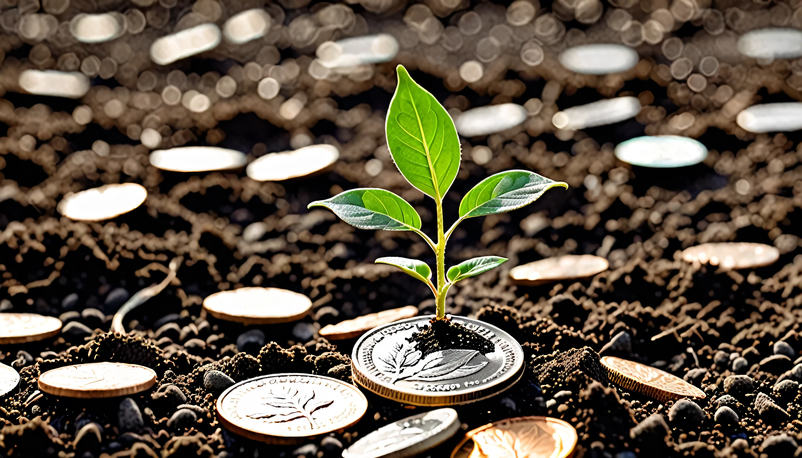 A seedling grows on a coin lying on the ground. The concept of green investment is increasing money to invest in concrete for excellent growth