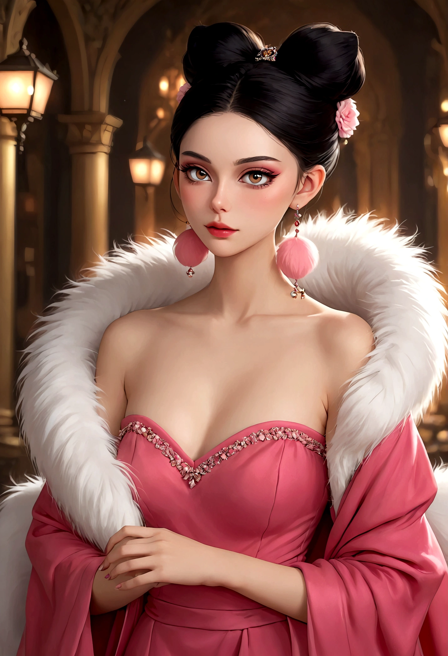 1girl, beautiful detailed face, beautiful detailed eyes, beautiful detailed lips, pink eyeshadow, blushing, (((fluffy furry big bushy tail))), black high bun hairstyle, pink fuzzy earrings, sexy red strapless dress, fur shawl, (best quality,4k,8k,highres,masterpiece:1.2),ultra-detailed,(realistic,photorealistic,photo-realistic:1.37),highly detailed portrait, intricate details, elegant, graceful, vivid colors, soft lighting, warm color tones