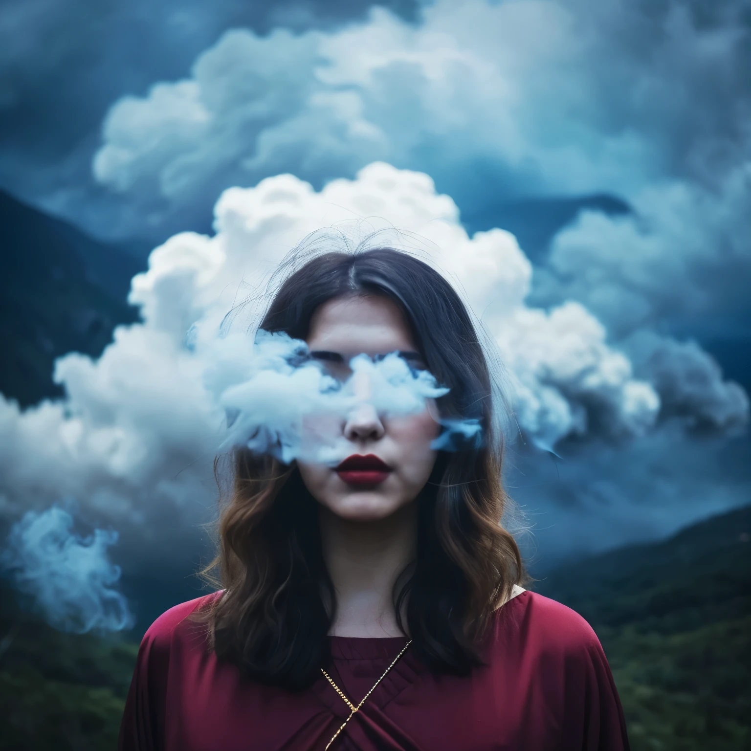 there is a woman with a flower in her hair and a cloud in her face, monia merlo, in clouds of smoke, inspired by Elsa Bleda, by irakli nadar, beautiful surreal portrait, inspired by Oleg Oprisco, girl clouds, floating in smoke, cloud goddess, inspired by irakli nadar, surreal portrait photography, atmospheric portrait