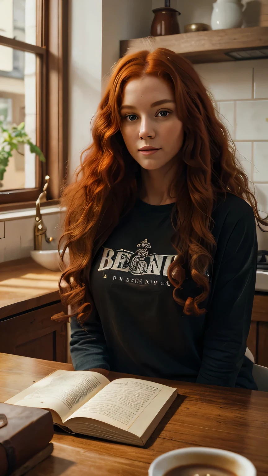 8K, (Best quality), masterpiece, very detailed, (realistic), Young woman, ((long very curly red hair)), drinking coffee and a sandwich in the kitchen, wearing an old long black T-shirt, early morning, pages of poems are scattered on the table 