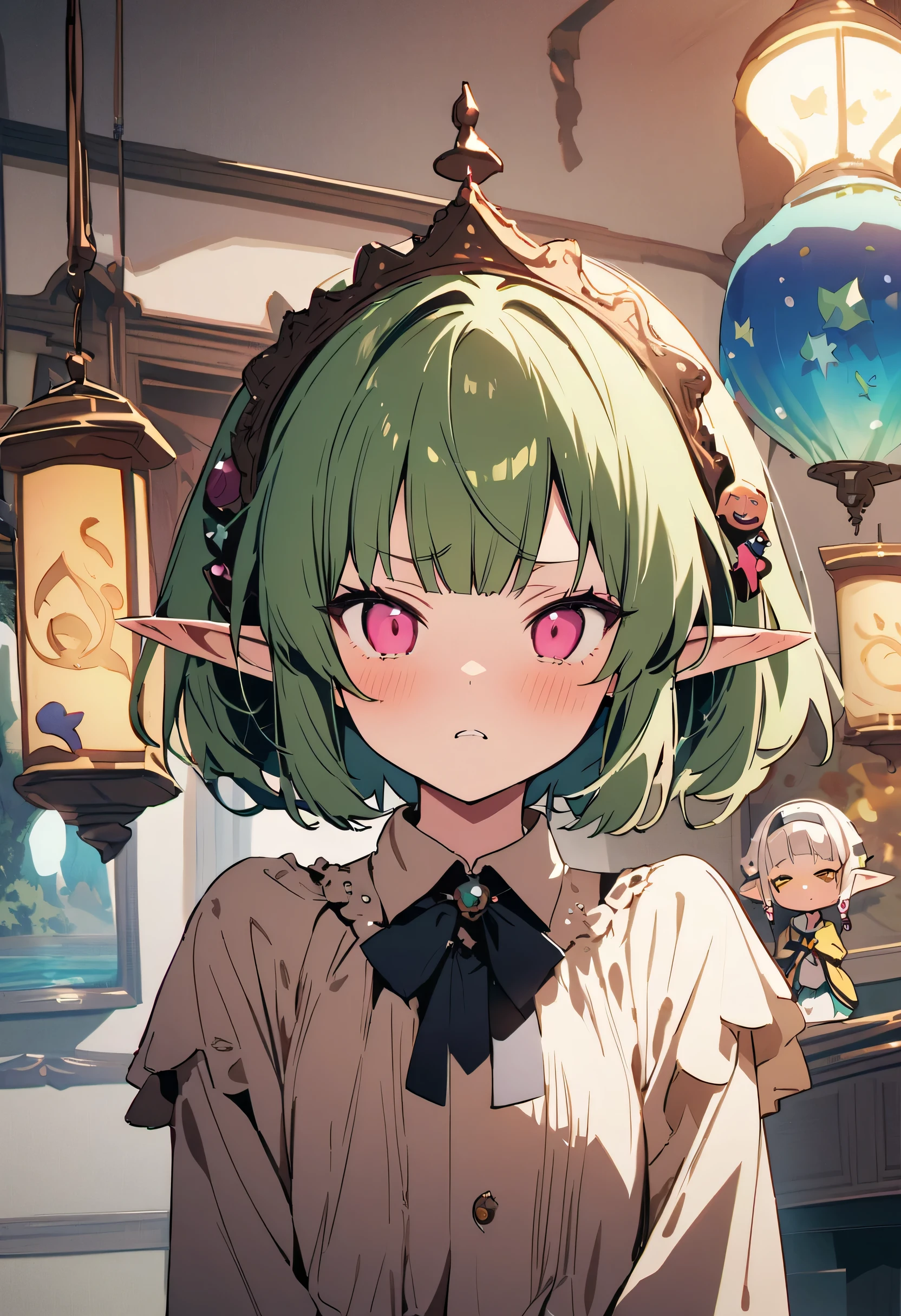 masterpiece, highest quality, Illustration of the novel, High resolution, 18+ Adult content, Sensual, Intimate, Emotional, Passionate, romantic, sweet, Adorable, Innocent, Pure, Charming, Charming, Charm, Mysterious, Charming, Charming, Immersive, Charming, dream-like, Surreal, Imaginative, Whimsical, artistic, Avant-garde, timeless, elegant, Sophisticated, chic, Sophisticated, personality, original, Charming,((Loli Elf:1.3)),((A look of disgust:1.3))、Upper Body、(Little)