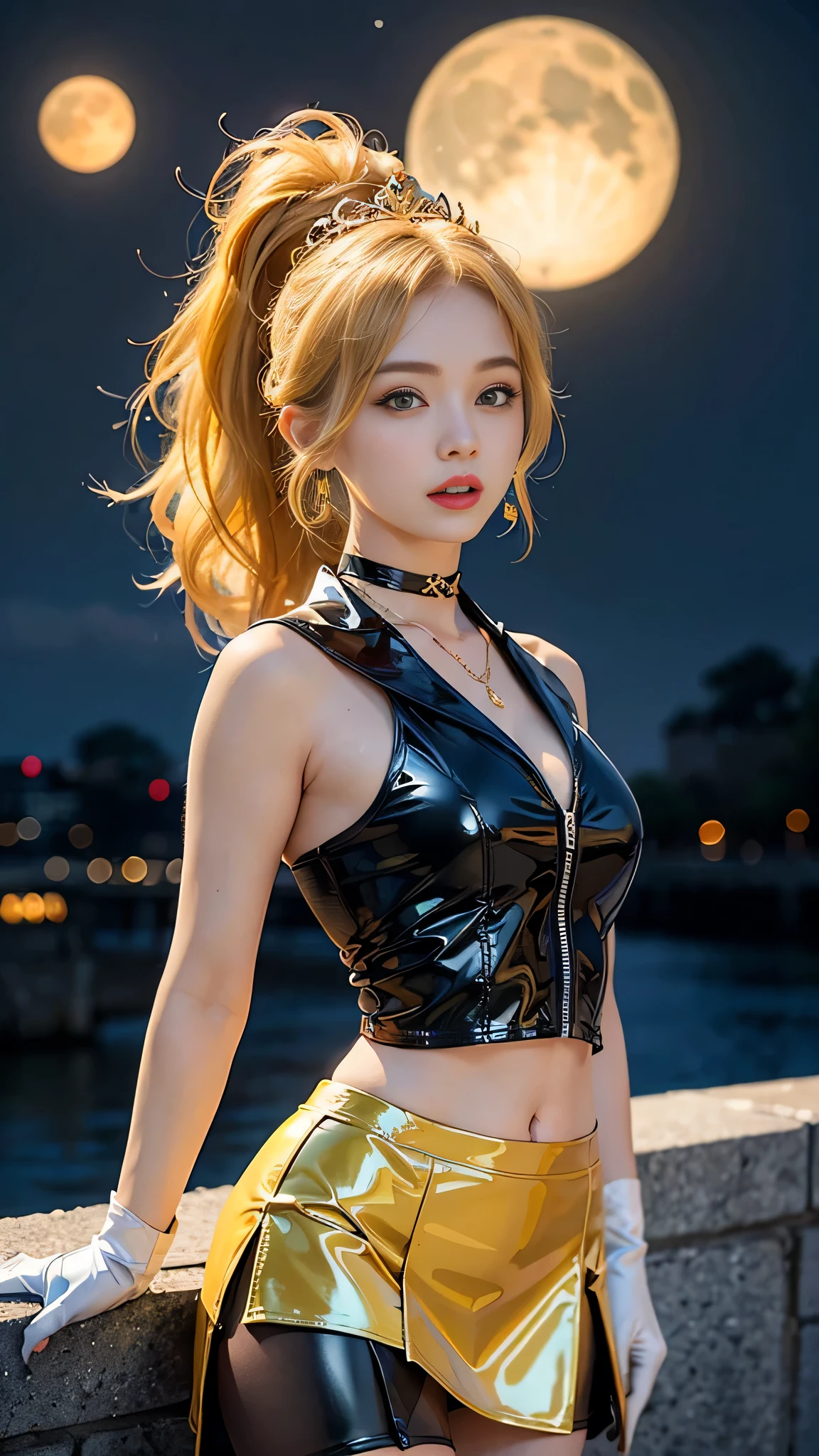 ((masterpiece:1.4)、(highest quality:1.4)、(Realistic:1.7))、Masterpiece:1.4、(Top-notch rendering:1.4)、beautiful girl、(Beautiful girl Sailor Moon 2:1.7)、MoonWild Rabbit、(Body Fit Sexy Sailor Warrior Uniform:1.4)、(Shiny latex:1.7)、(The jacket is a white sleeveless sailor suit....:1.4)、(Skirt Blue Sexy Ultra Ultra Pleated Mini Skirt:1.4)、The sailor suit collar has two thin blue lines...............:1.2、High leg swimsuit、Red cloth decoration on chest:1.2、(Wearing white gloves)、Cute Girl、Super Beauty、Sharp Focus、Portrait Photography:1.4、8k、Photorealistic images:1.4、(Perfect female body:1.4)、Perfect proportions、(Upper body shot:1.4)、Beautiful Face、Beautiful Eyes、(Narrow waist:1.4)、(9-body proportions beautiful girl:1.4)、(A beautiful girl with long legs and a good figure:1.4)、Beautiful feet:1.2、(Yellow Hair:1.4)、(Long Hair:1.2)、(ponytail:1.2)、Beautiful breasts、Large Breasts:1.2、sexy ass、Raw photo、Red lips、Red high heels:1.4、choker:1.4、necklace:1.4、Earrings:1.4、Gorgeous golden tiara:1.4、1 Screen Display:1.4、moon、universe、spaceship、Universe Station、City of the Future