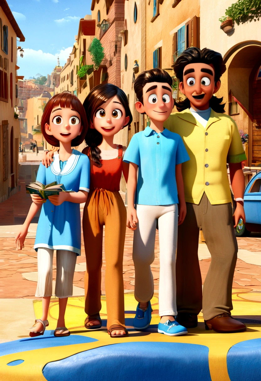 Cartoon of a family, arabic brother and sister having fun on vacation together with , 3D Animation Movie Poster, Poster de filme animado, pixar 3 d animation style, pixar renderman rendering, maia 8 mil, animation film, Disney Pixar Estilo 3D, amigos felizes saem juntos, all wearing light blue shirts and cream brown long pants, camisa azul clara, cream brown pants, ao ar livre, vacation, Disney Pixar Animation Poster