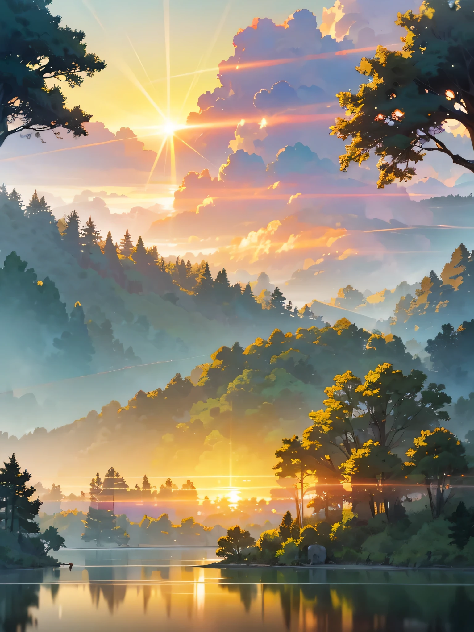 a beautiful sunrise over a serene lake, dramatic clouds, sun rays, fog, lush green trees, detailed landscape, golden hour, dramatic lighting, vibrant colors, realistic, photorealistic, 8k, best quality, highly detailed, intricate details, cinematic, epic scale, stunning scenery, breathtaking, masterpiece