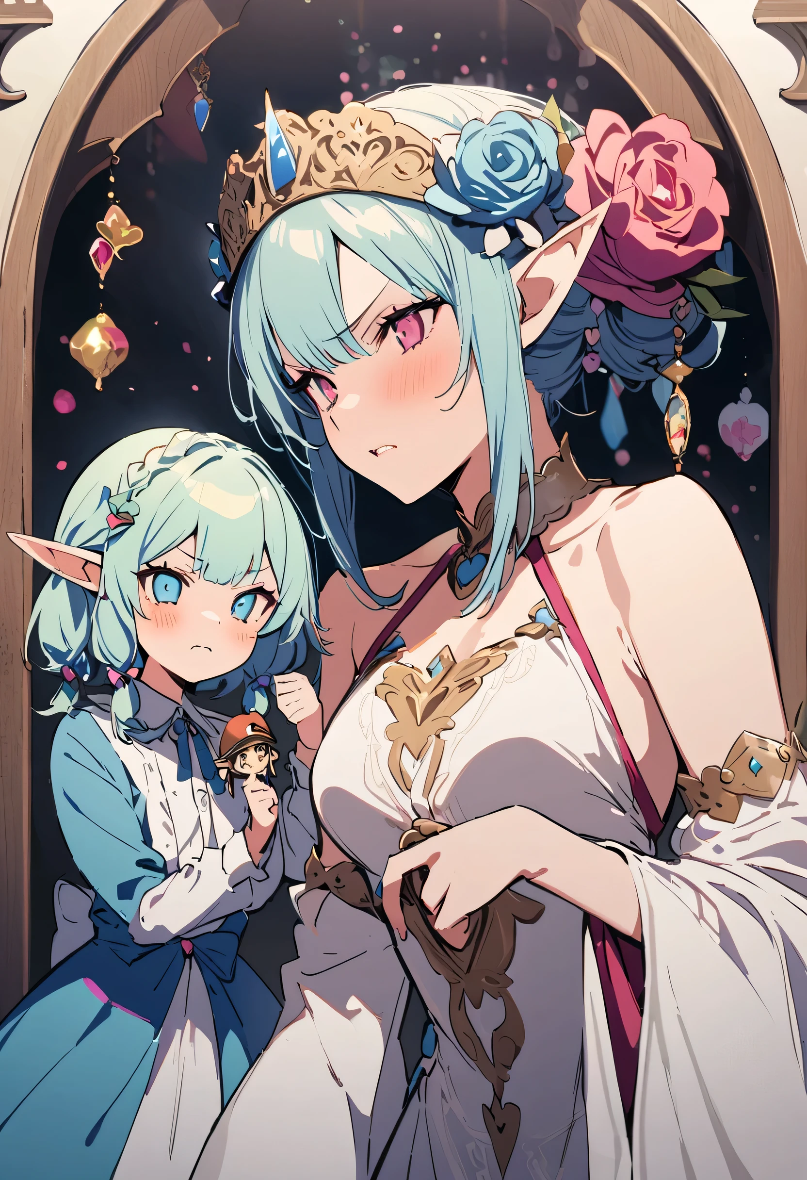masterpiece, highest quality, Illustration of the novel, High resolution, 18+ Adult content, Sensual, Intimate, Emotional, Passionate, romantic, sweet, Adorable, Innocent, Pure, Charming, Charming, Charm, Mysterious, Charming, Charming, Immersive, Charming, dream-like, Surreal, Imaginative, Whimsical, artistic, Avant-garde, timeless, elegant, Sophisticated, chic, Sophisticated, personality, original, Charming,(( Elf:1.3)),((A look of disgust:1.3))、Upper Body、(Little)
