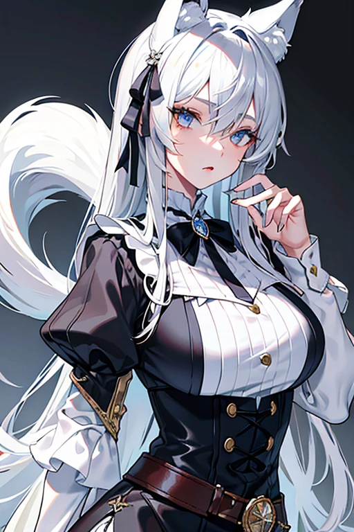 best qualtiy,tmasterpiece,The is very detailed,4K,Gray hair and shallow eyes,Drag cool expressions,Wolf ears,Erect scar on the left eye,British style,1girl,Absolutely beautiful, big bust, white costume, ear ribbon