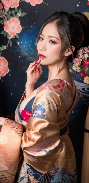 (Masterpiece, Best Quality:1.3), (thick lineart), (faux traditional media), highres, official art, best illustration, (8k resolution), oiran, 1girl, mature female, solo, japanese clothes, from above, breasts, obi, stylish, intricate, fantastic, fairytale, fantasy art, (detailed face), lying on a bed of flowers, on back, (lovely eyes, looking at viewer, lipstick), very long hair, voluminous, low ponytail, depth of field, silhouette, perfect, makeup, lovely, (details:1.2), camellia, various colors, vivid, colorful, shiny, sky, stars, lumen global illumination, (background in the style of Hokusai Katsushika:1.3), water, ripples