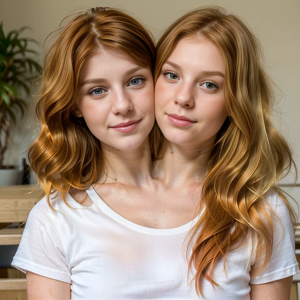 2heads, (one head 12 year old girl:1.5), (one head 30 hear old woman:1.5), (a blonde and a redhead:1.5)