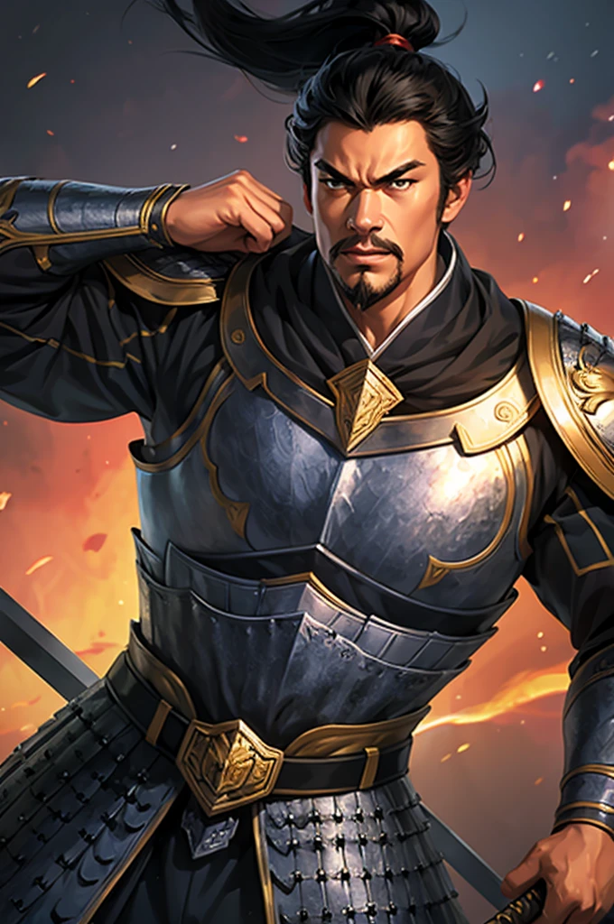 8K,knight with sword,Gorgeous extra large armor(The elaborately crafted coat of arms of a nobleman),classy pants,ultra high resolution,surreal,realistic skin,Black hair short hair,big red eyes,muscular body,Purfluz,background,battlefield,waist armor,delicate hands, Perfect hand shape, character art,Battle scenes,action scene,action pose,masterpiece,Realistic RAW photos of the highest quality。bright colors,rich colors, backlight, movie lights, film grain, born, 50mm lens, Nikon D850,realistic skin,fantasy art,character art,ultra high resolution,realistic scale skin,forage,laugh,dynamic pose,action pose,holding it for a long time, bayonet, Male 1