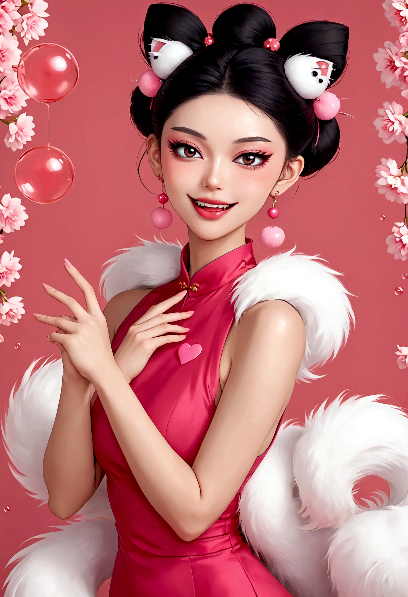 a beautiful woman with striking eyes, pink eyeshadow, big smile, sharp fangs, (((9 fluffy, poofy tails))), black high bun hairstyle, pink furball earrings, sexy red sleeveless cheongsam dress, pink heart bubbles, finger on her lips