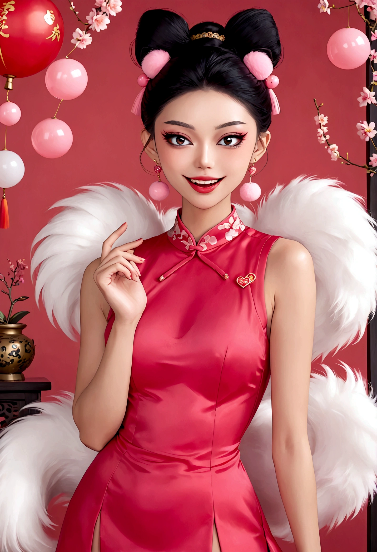 a beautiful woman with striking eyes, pink eyeshadow, big smile, sharp fangs, (((9 fluffy, poofy tails))), black high bun hairstyle, pink furball earrings, sexy red sleeveless cheongsam dress, pink heart bubbles, finger on her lips