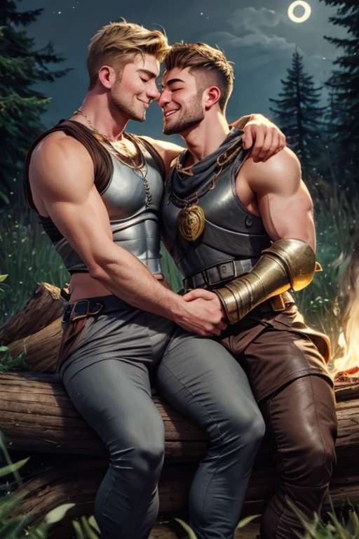 2 men, Photo-realistic. A pleased 24-year-old male, medieval warrior, with shaved blonde hair, stubble, and closed eyes, wearing sleeveless, metal armor, arm around, cuddling, kissing a smiling lovingly, 19-year-old, fit, handsome, medieval man with shaved, brown hair, slight stubble, and closed eyes, wearing sleeveless gray and gold tunic, and tan leather pants. They sit close together on a log, in a wooded field, in front of a campfire, at night. Masculine, sexy, men in love, with big bulging pants.