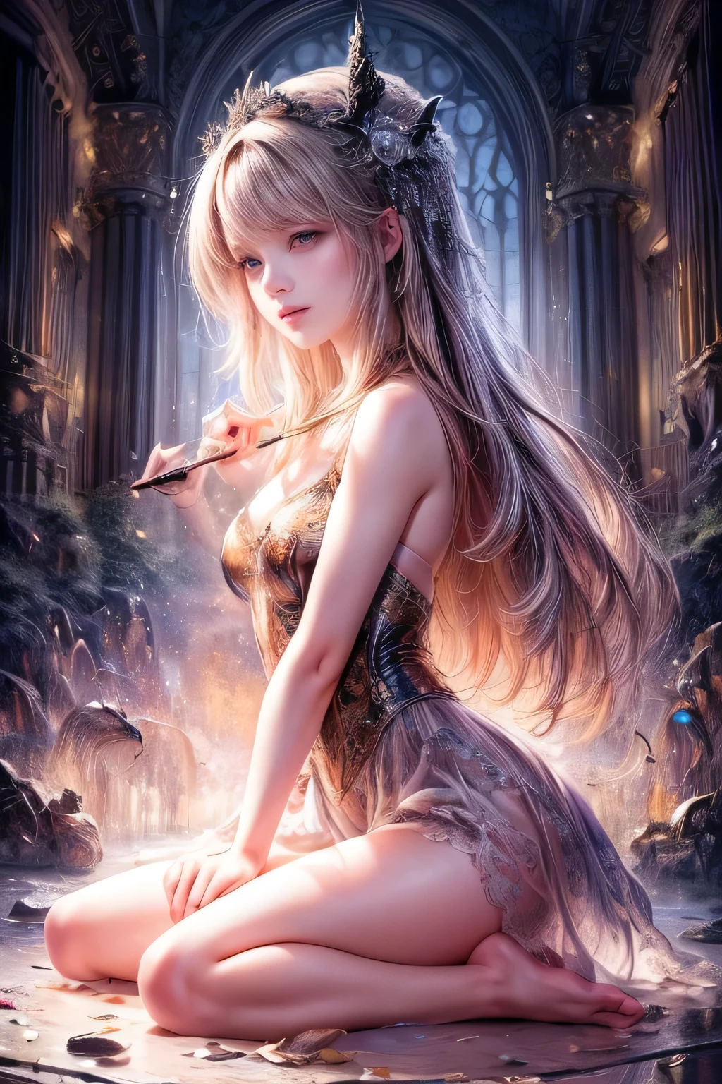 gothic style, Fantasic Illustration, Masterpiece: 1.2, Highest Quality, Highres, 16k, Beautiful Detailed, Ultra-Realistic, Photo Realistic: 1.37, Beautiful Cute witch girl with a magic wand, kneeling in the center of the magic circle and chanting a spell, growing eyes, shining pupils, blushed cheek, shiny rosy lips, wearing magic garment bare shoulder, delicate beautiful (hair, face, eyes, pupils, long eyelash, magic circle), cinematic angle, magical fantasy, dark fantasy, dark gothic, dramatic lighting, dramatic background, cinematic atmosphere, intricate, digital art, concept art, sideview