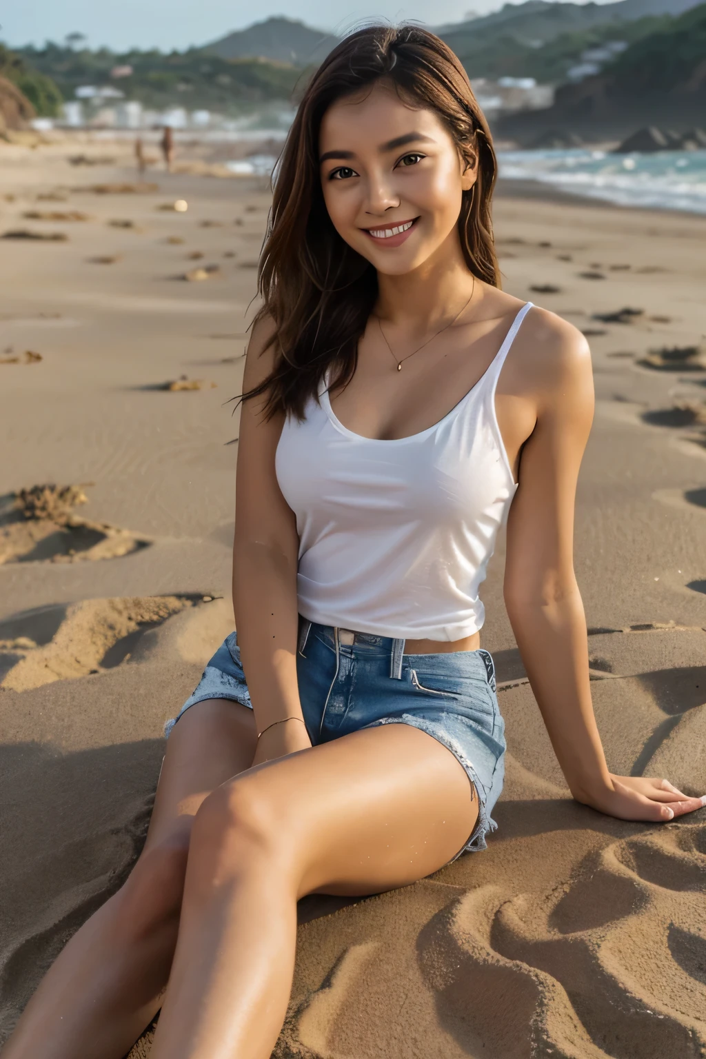 Na foto, vemos uma jovem coreana de pele clara e cabelo longo e liso, que cai suavemente sobre seus ombros. Your hair is dark brown, brilhante e bem cuidado. She is wearing light makeup, com um pouco de delineador preto, mascara to highlight your almond-shaped eyes and a soft nude lipstick.
She is wearing a basic white t-shirt, cotton, que se ajusta confortavelmente ao seu corpo. A camiseta tem um decote discreto em "V" e mangas curtas. The young woman is also wearing high-waisted denim shorts, that show off your toned legs and give a casual, relaxed look to your look.
The background of the photo is a beach, com areia dourada e o mar azul ao longe. There's a light breeze that seems to make her hair float slightly.. The sky is clear, com algumas nuvens brancas dispersas, suggesting a sunny and pleasant day.
The young woman is smiling warmly, with an expression of joy and relaxation. Your hands are resting on your hips, and she is barefoot, with your feet in the sand. The atmosphere of the photo is relaxed and vibrant, capturando um momento de lazer e felicidade.