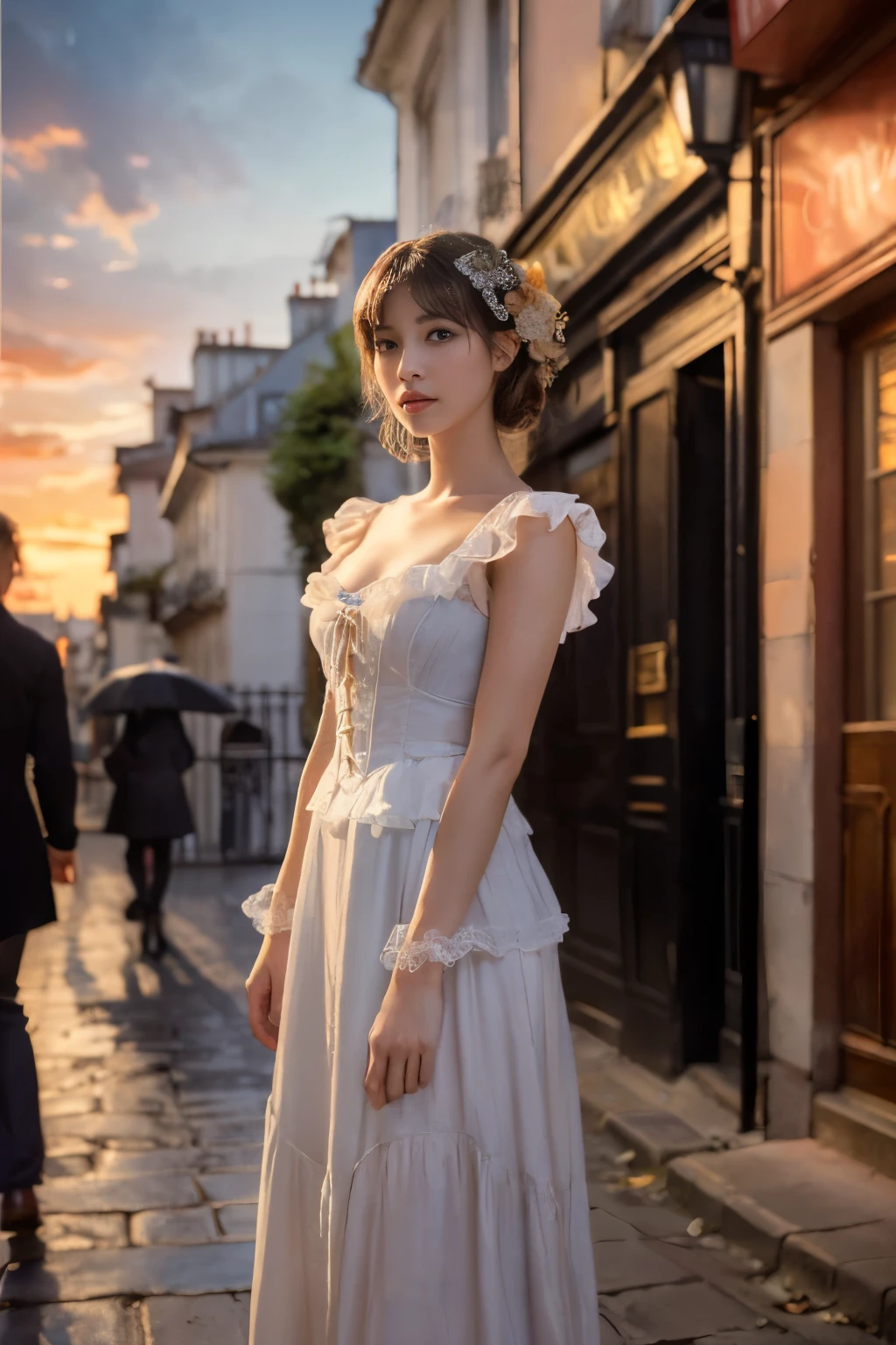 
((masterpiece:1.4, highest quality)), (Realistic photos:1.4), 
((1 girl)), (Otherworldly beauty), (dream-like),
(超High resolution:1.2), Very delicate and beautiful, wonderful, Very detailedな CG Unity 8k 壁紙, Very detailed, High resolution, 
Soft Light, Beautiful detailed girl, Very detailedな目と顔, Beautiful and detailed nose, Beautiful and detailed, 
(Dressed in late 19th century French costume:1.3),
Cinema Lighting, Perfect Anatomy, Slender body, (Parted bangs),
(Impressionist portrait of a beautiful girl), (Standing on a street in Montmartre at the end of the 19th century:1.3), (evening), (after the rain), (Reflection of the sunset), (Impressionist light and colour), 
Cowboy Shot