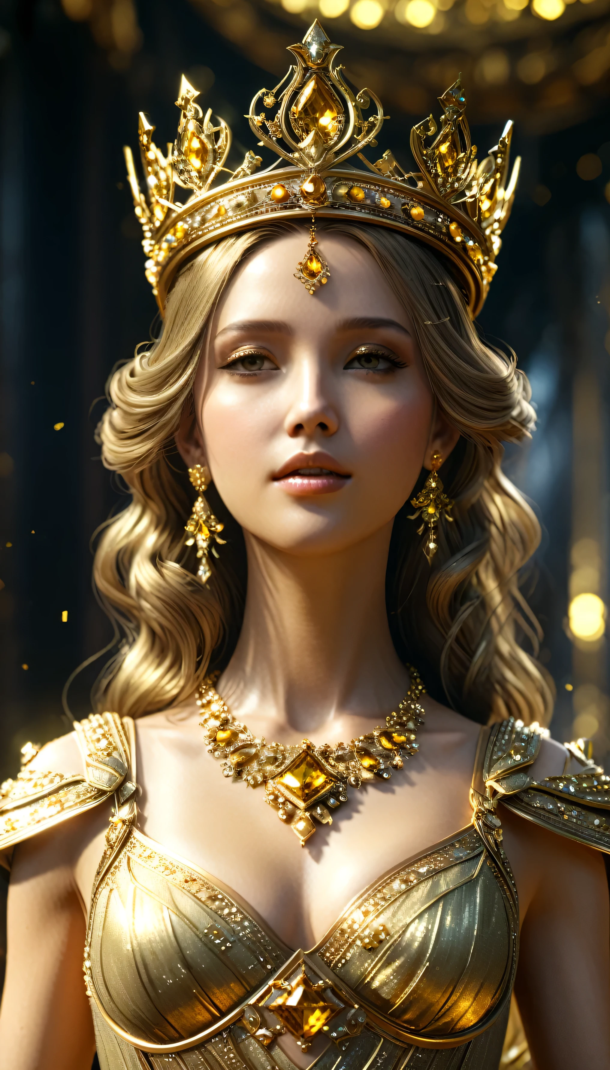 Close-up of a woman in a golden dress and crown, Unreal Engine Rendering + goddess, Movie goddess shot, Close-up shot of the movie goddess, Fantasy style 8k octane rendering, Movie CG Association, Elegant cinematic fantasy art, cgsociety 8 k, cgsociety 8k, cgsociety 8k, Unreal Engine Fantasy Art, Highly detailed goddess shot, cgsociety contest winner