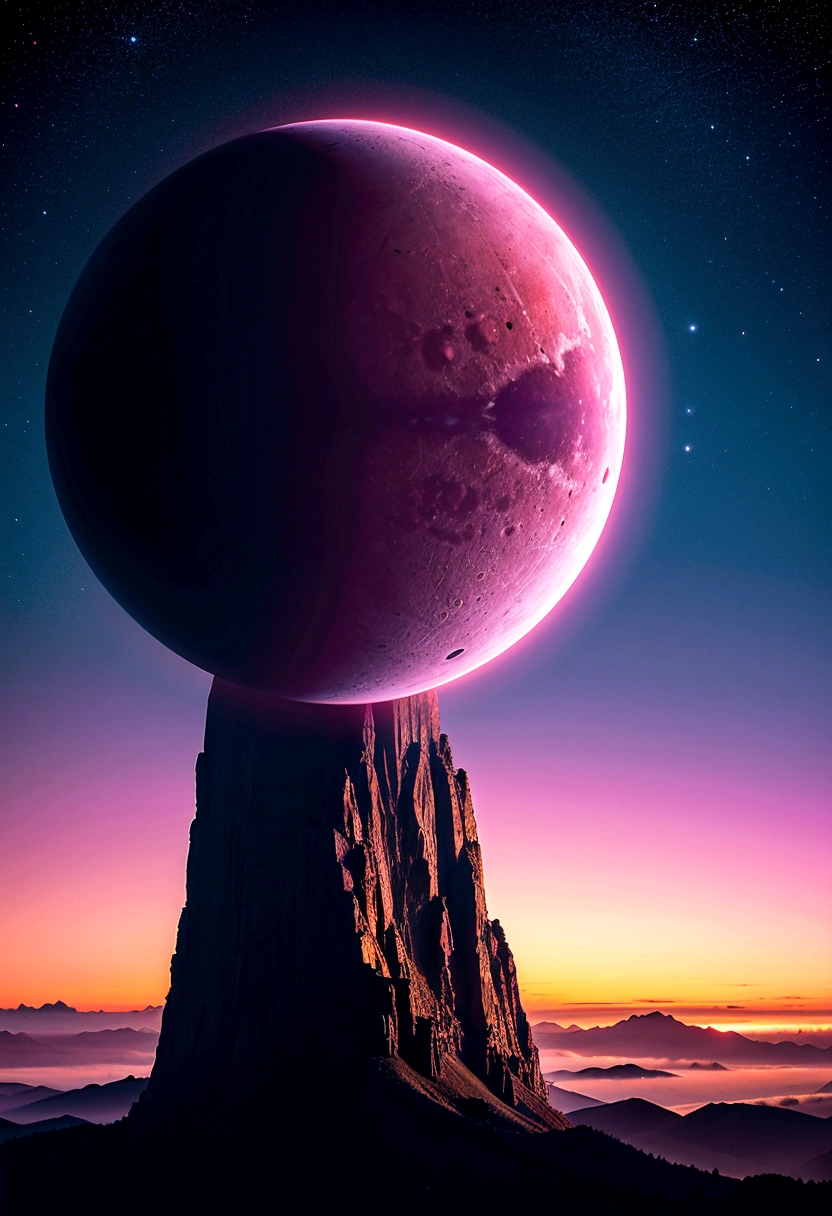 against an inky black void, a pink sun rises over a blue alien planet with continents and oceans,