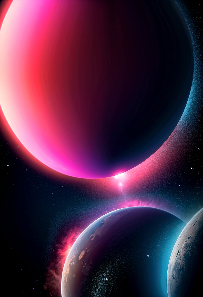against an inky black void, a pink sun rises over a blue alien planet with continents and oceans,   