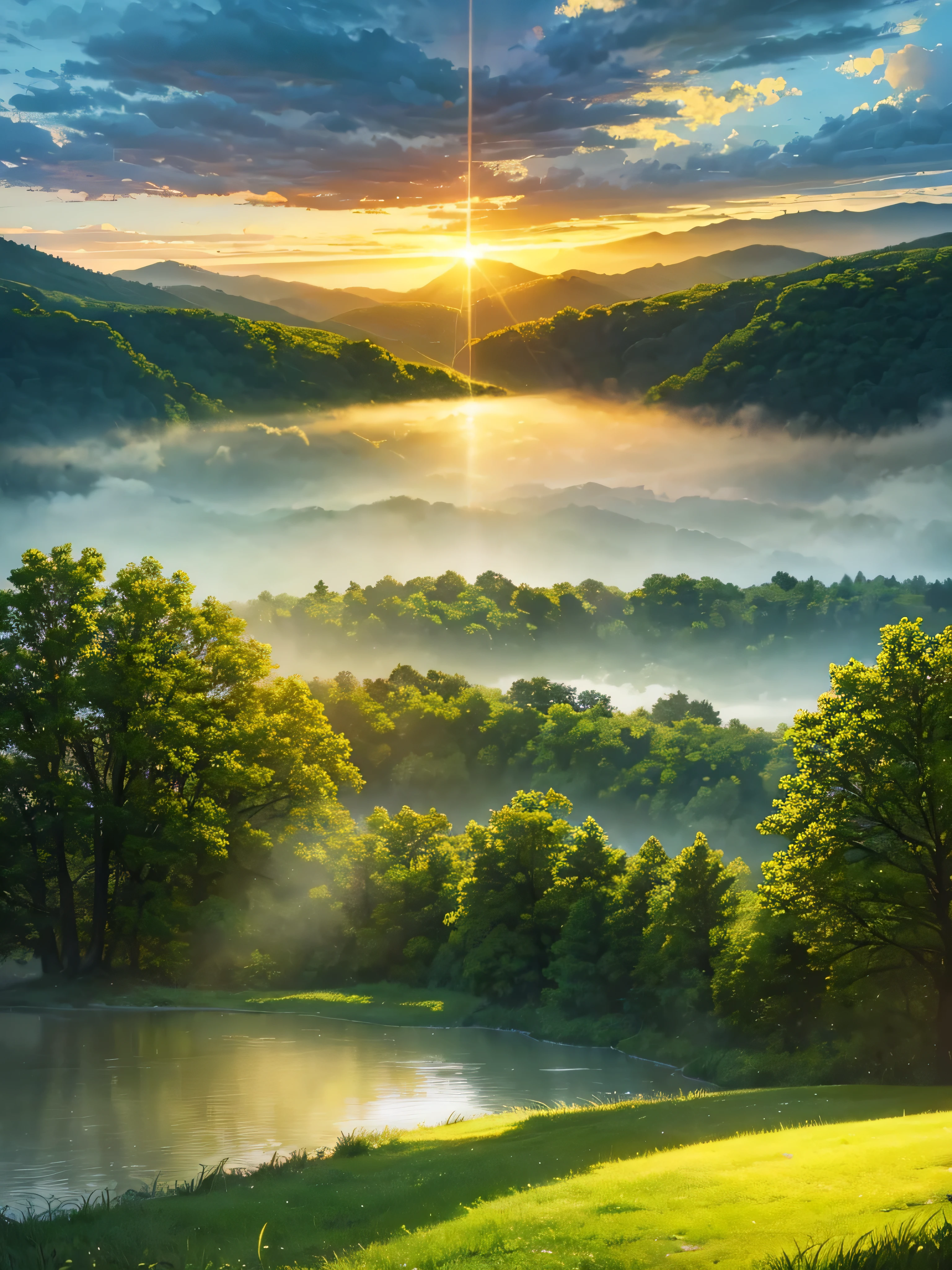 a beautiful sunrise over a serene lake, dramatic clouds, sun rays, fog, lush green trees, detailed landscape, golden hour, dramatic lighting, vibrant colors, realistic, photorealistic, 8k, best quality, highly detailed, intricate details, cinematic, epic scale, stunning scenery, breathtaking, masterpiece
