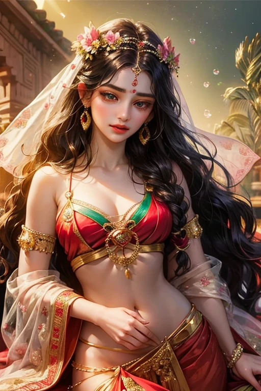 Goddess parvati, animated style, closeup shot, anime in a red and green combination indian dress(saree or lahaenga choli), long black hair wavy hair untied with hair ornaments, innocent expression, bright big blake eyes, holding a flower, natural beauty, vibrant colors, dreamy, northern light, pink bubble, romantic, soft lighting, vintage aesthetic