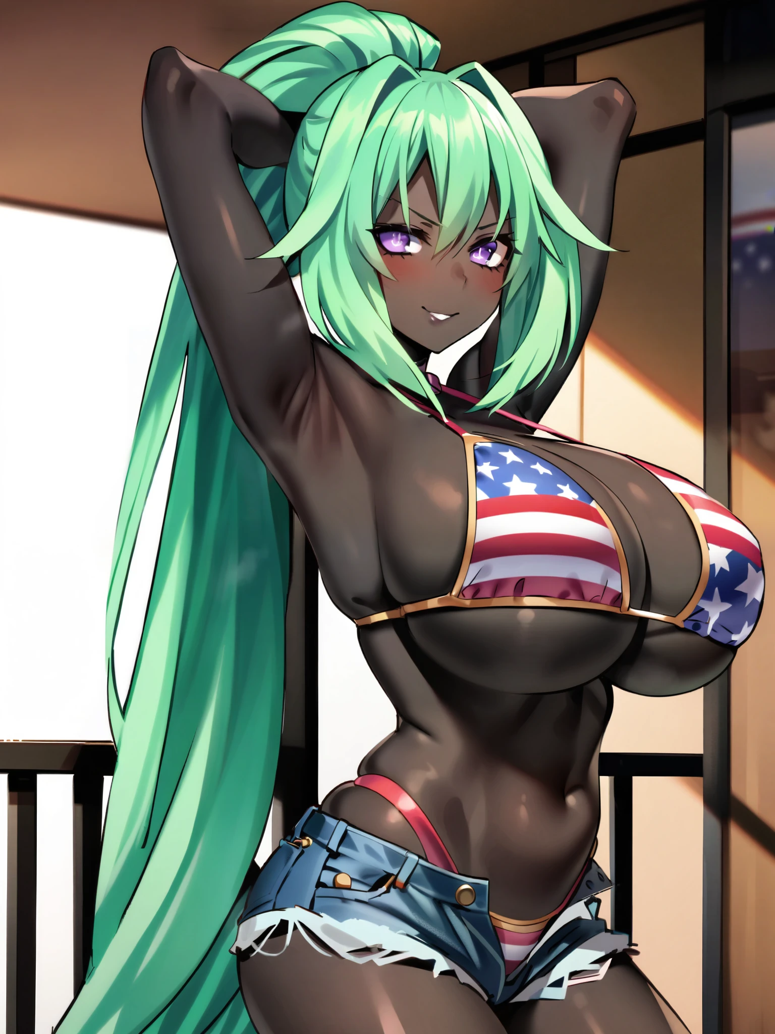 masterpiece, best quality, extremely detailed, 1girl, gyaru, solo, (dark skin, black skin:2), green heart, (huge breasts:1.24), ((((green hair), absurdly long hair, purple eyes, symbol-shaped pupils))), parted lips, (((bikini, american flag print bikini, denim shorts))), ((blush, naughty smile, sadictic), closed mouth), ((hands on own hips, balcony))