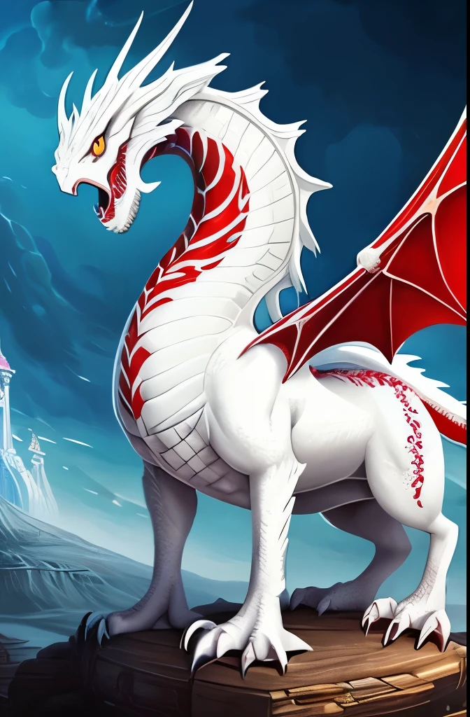 a painting of a white dragon with a red and white face, concept art by Sasha Putrya, trending on cgsociety, fantasy art, detailed creature, great mystical winged serpent, mythical creature, curved horned dragon!, ancient creature, fantasy creature, anthro dragon art, soft delicate draconic features, dragon snake with wings, dragon art, anthropomorphic dragon