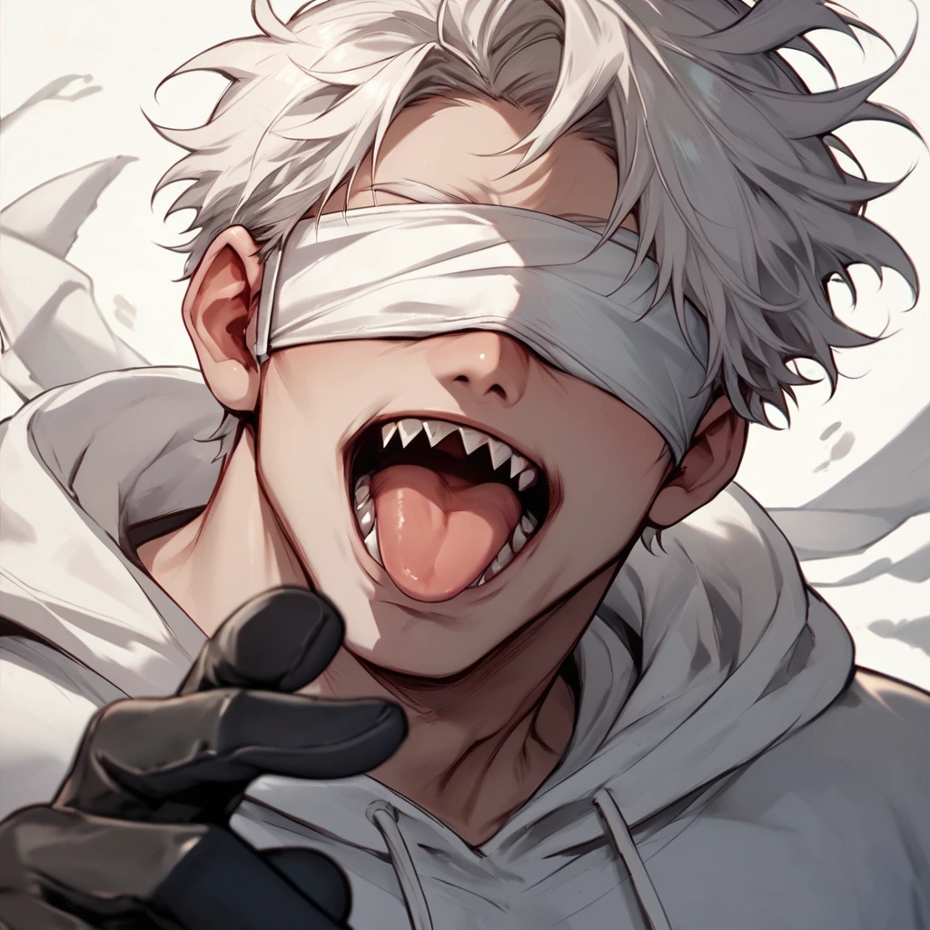 1man, mature male, short white hair, white hoodie, white blindfold, sharp teeth, black leather gloves, open mouth, tongue out, score_7_up, score_8_up, score_9_up