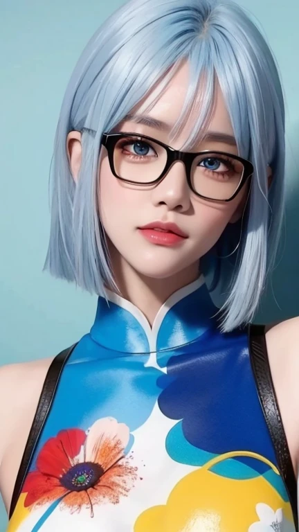 masterpiece, best quality, 8k,masterpiece, (masterpiece, best quality, high resolution), Color paint background((acrylic paint, (splash of color, splash ink, splash of color)) , Detailed skin texture, Detailed fabric texture, beautifull detailed face, intricate details, Super detailed, Portrait of Rei Ayanami, blue hair, blue eyes, wear glasses(focus),head tilt,super huge
