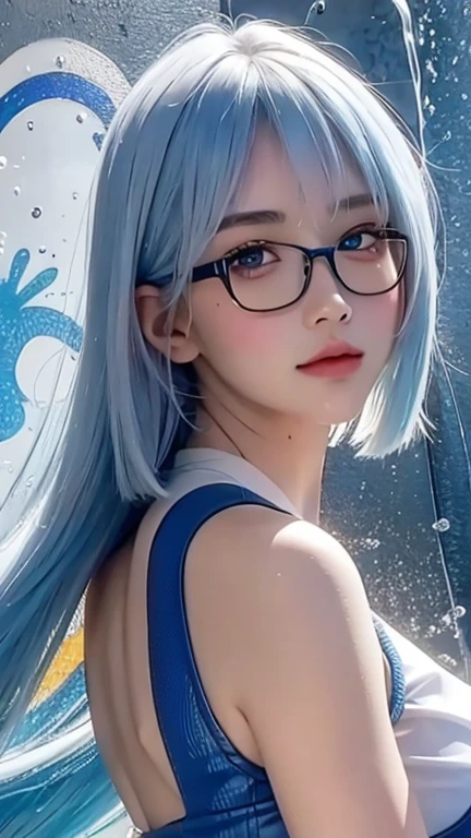 masterpiece, best quality, 8k,masterpiece, (masterpiece, best quality, high resolution), Color paint background((acrylic paint, (splash of color, splash ink, splash of color)) , Detailed skin texture, Detailed fabric texture, beautifull detailed face, intricate details, Super detailed, Portrait of Rei Ayanami, blue hair, blue eyes, wear glasses(focus),head tilt,super huge