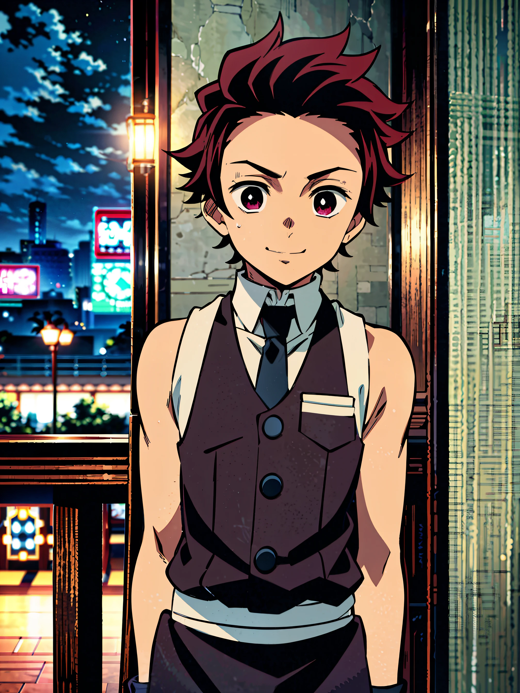 Highres, Masterpiece, Best quality at best,Best Quality,hight quality, hight detailed, Anime style, 1boy, Boy, Shota, Solo person, Tanjiro_kamado, Demon slayer, Sleeveless vest, Bare shoulder, Tie, Gloves, Choker, Casino, Waiter, night day, Slim body, smile, sweat, Body, Simple beckground, Seen from the front, Serving food, (very young boy), (very small and short body)