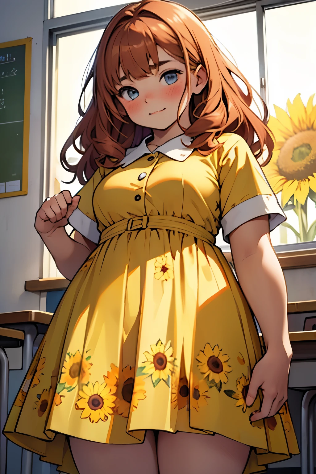 a 13 years old teenage girl, pale skin and blush cheeks , chub]by girl, with chubby body, with long volumminous vibrant ginger hair, dressing cute dress with sunflowers patterns in dress in a school
